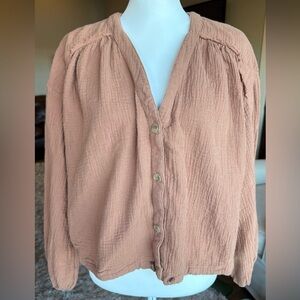 Free People XS Peachy Brown Gauzy Oversized Button Down Tie Blouse
